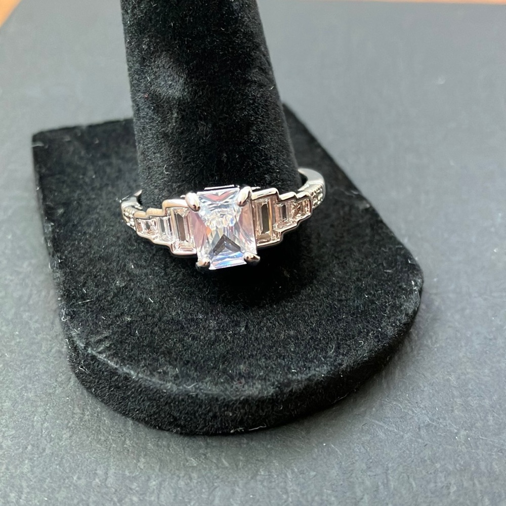 925 Sterling Silver Six Emerald Side Stone Engagement Ring Size 10 & 9 Available